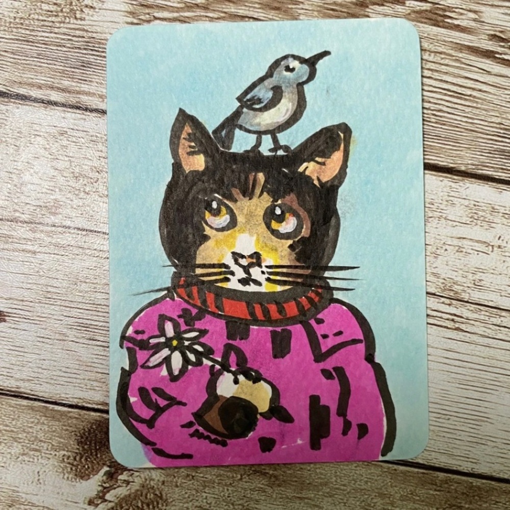 ACEO Original Art Card HEY, THERE! 2.5 x 3.5" SILLY CAT Series #10